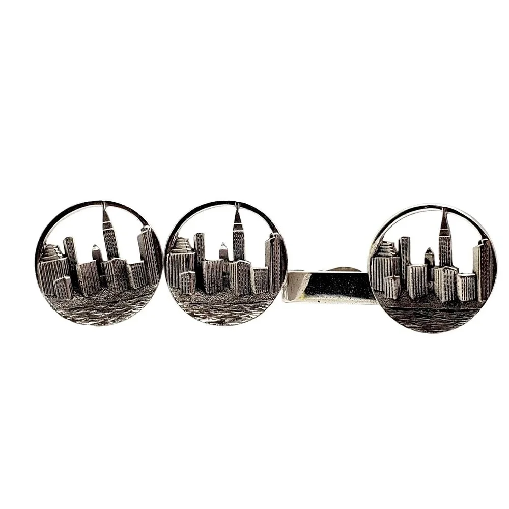 Swank NYC Cufflinks Tie Clip Bar New York Skyline Silver Tone Clasp Bar Mens Vtg
